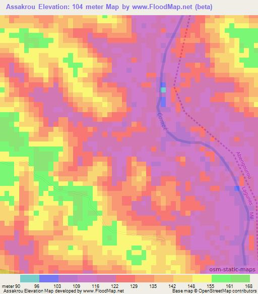 Assakrou,Ivory Coast Elevation Map
