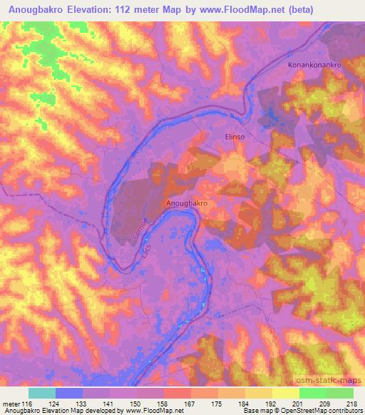Anougbakro,Ivory Coast Elevation Map