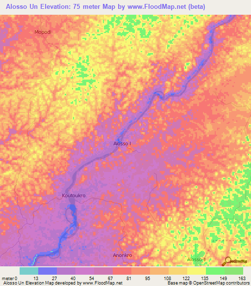 Alosso Un,Ivory Coast Elevation Map