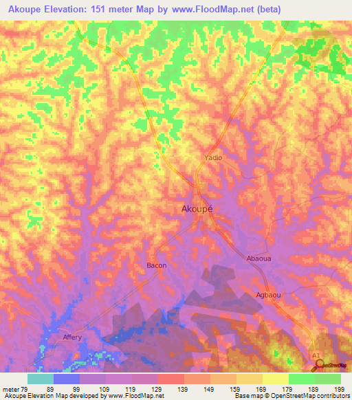Akoupe,Ivory Coast Elevation Map
