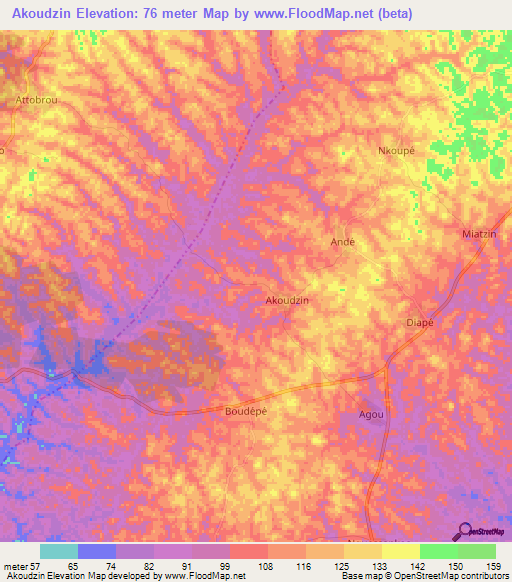Akoudzin,Ivory Coast Elevation Map