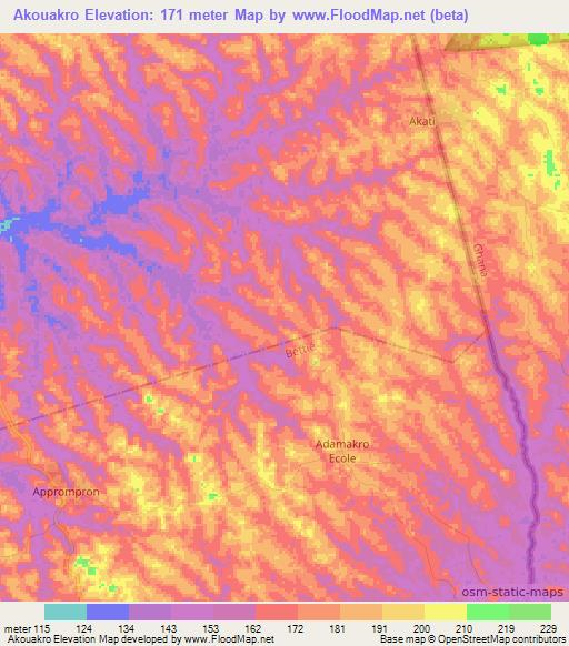 Akouakro,Ivory Coast Elevation Map