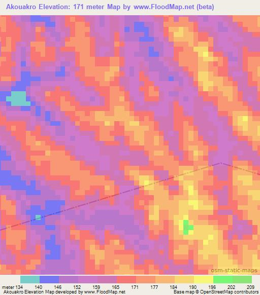 Akouakro,Ivory Coast Elevation Map