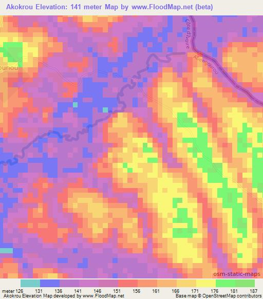 Akokrou,Ivory Coast Elevation Map