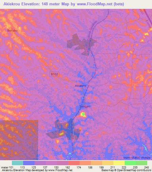 Akiekrou,Ivory Coast Elevation Map