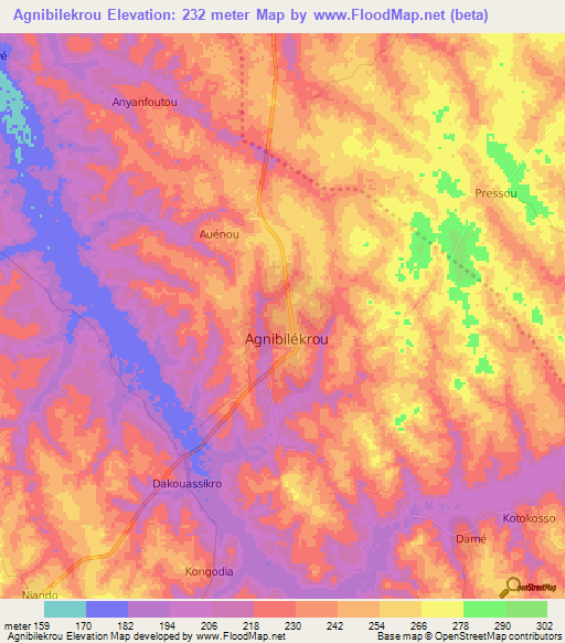 Agnibilekrou,Ivory Coast Elevation Map