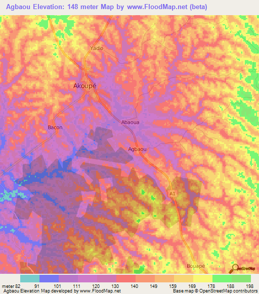Agbaou,Ivory Coast Elevation Map