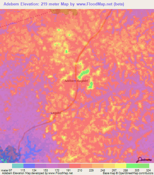 Adebem,Ivory Coast Elevation Map