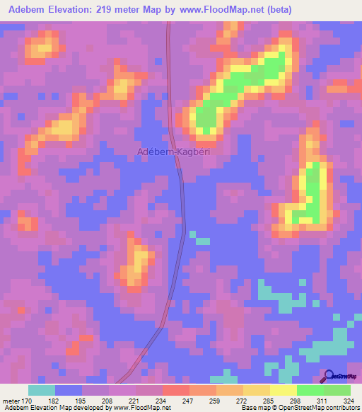 Adebem,Ivory Coast Elevation Map