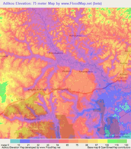 Adikou,Ivory Coast Elevation Map