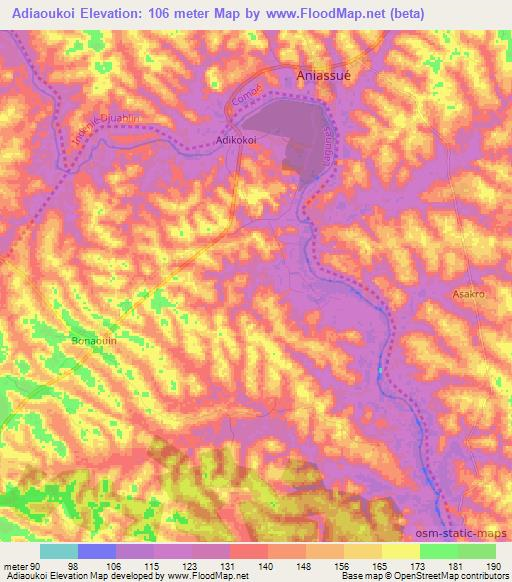 Adiaoukoi,Ivory Coast Elevation Map