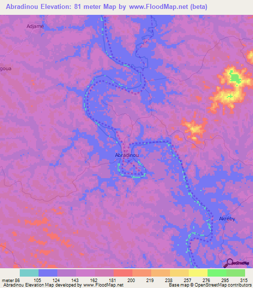 Abradinou,Ivory Coast Elevation Map