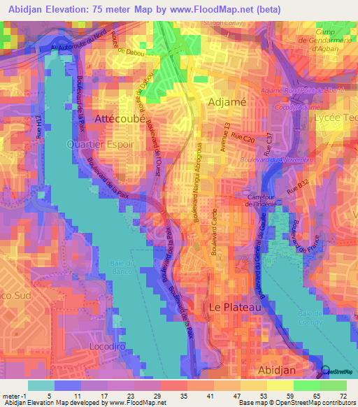 Abidjan,Ivory Coast Elevation Map