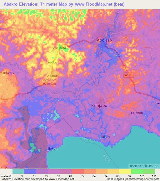 Abakro,Ivory Coast Elevation Map