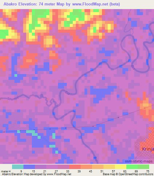 Abakro,Ivory Coast Elevation Map