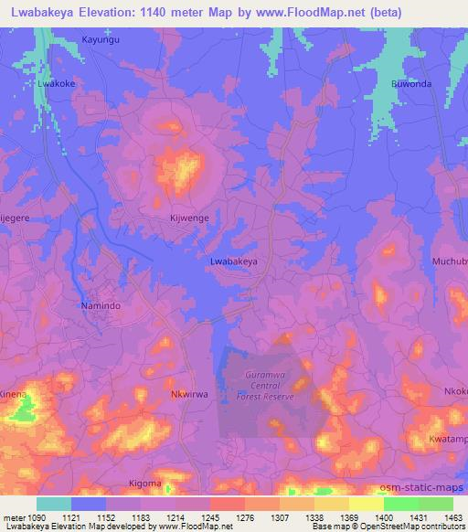 Lwabakeya,Uganda Elevation Map