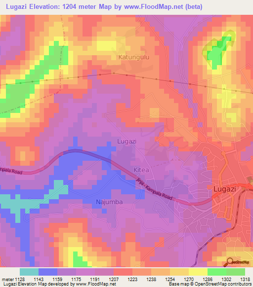 Lugazi,Uganda Elevation Map