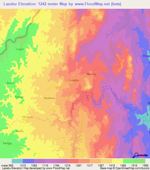 Lazebu,Uganda Elevation Map