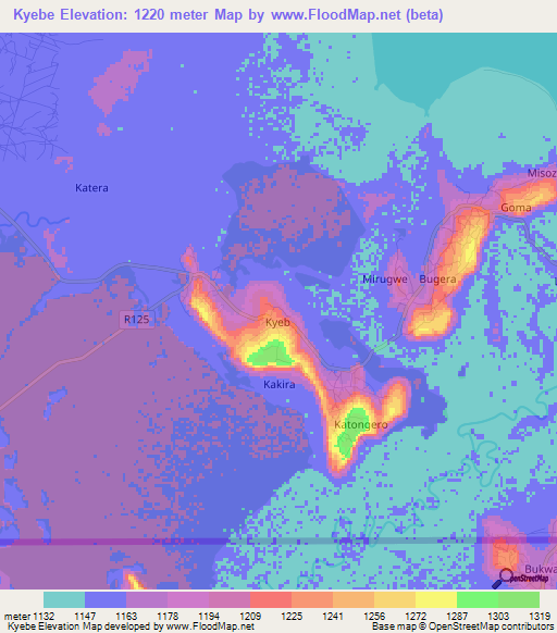 Kyebe,Uganda Elevation Map