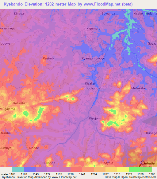 Kyebando,Uganda Elevation Map