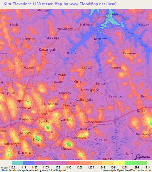 Kira,Uganda Elevation Map