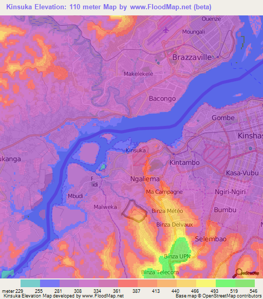 Kinsuka,Congo (Kinshasa) Elevation Map