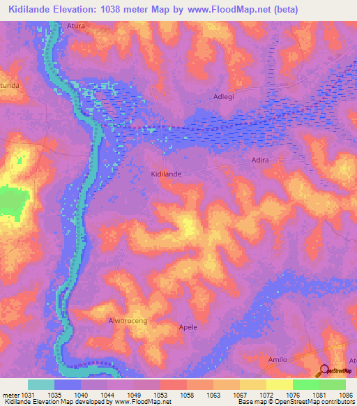 Kidilande,Uganda Elevation Map