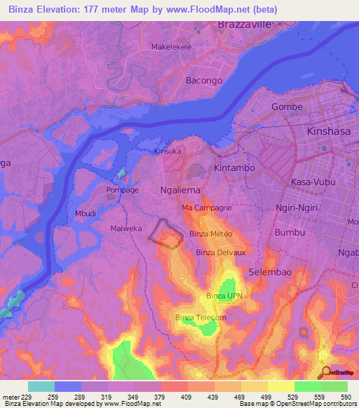 Binza,Congo (Kinshasa) Elevation Map