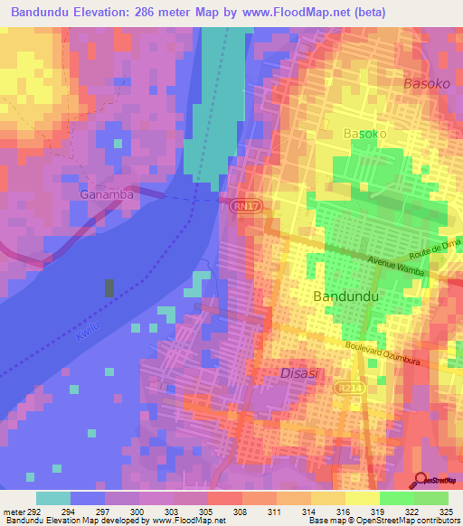 Bandundu,Congo (Kinshasa) Elevation Map