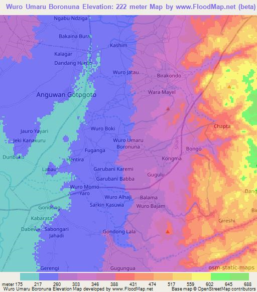 Wuro Umaru Boronuna,Nigeria Elevation Map