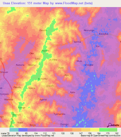 Usaa,Nigeria Elevation Map
