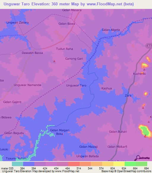 Unguwar Taro,Nigeria Elevation Map