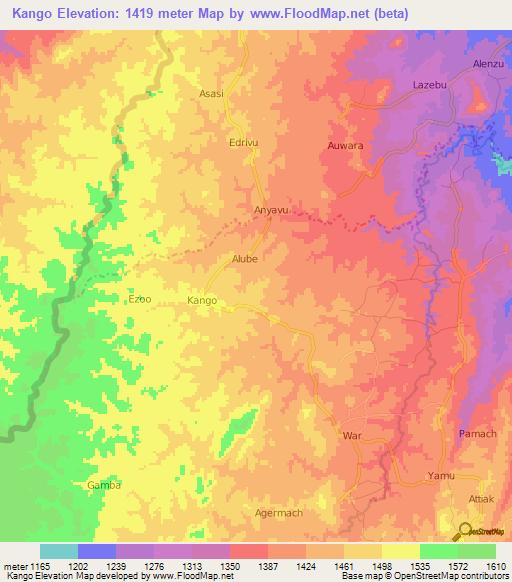 Kango,Uganda Elevation Map