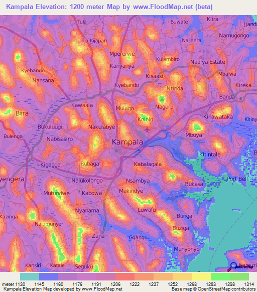 Kampala,Uganda Elevation Map