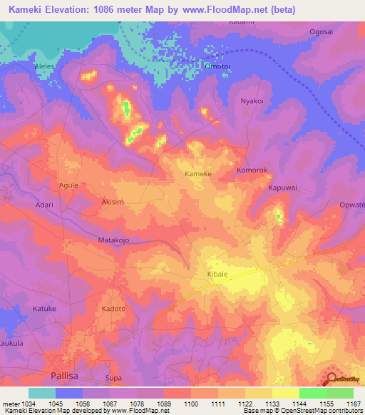 Kameki,Uganda Elevation Map