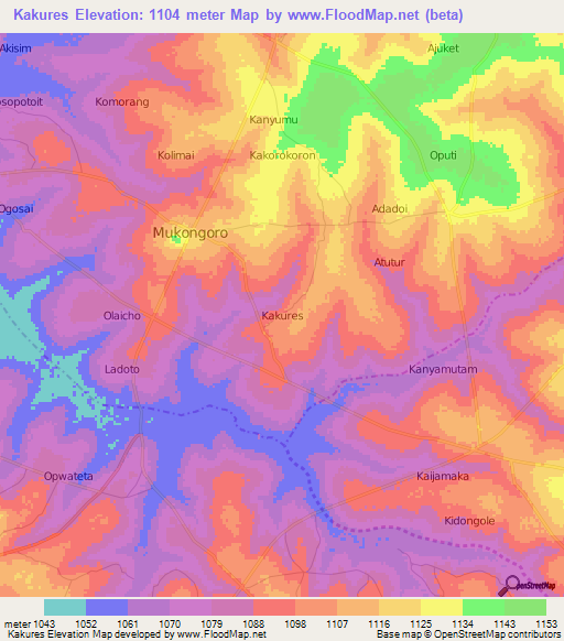 Kakures,Uganda Elevation Map