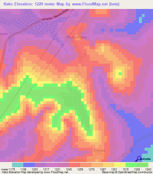 Kako,Uganda Elevation Map