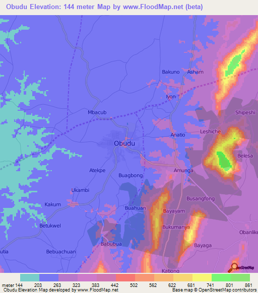 Obudu,Nigeria Elevation Map