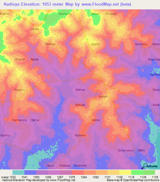 Kadinya,Uganda Elevation Map
