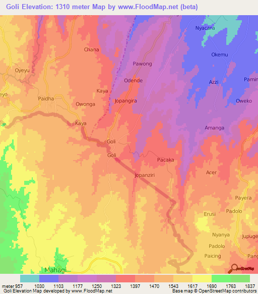 Goli,Uganda Elevation Map