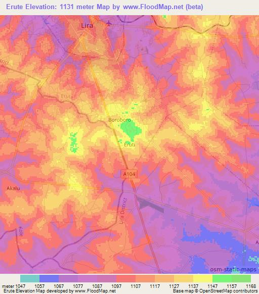 Erute,Uganda Elevation Map