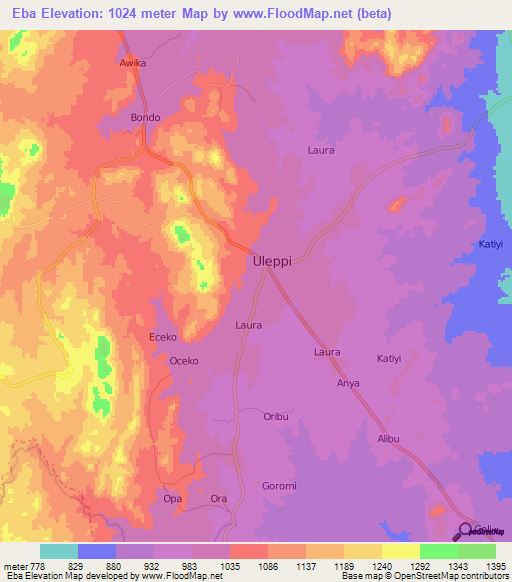 Eba,Uganda Elevation Map