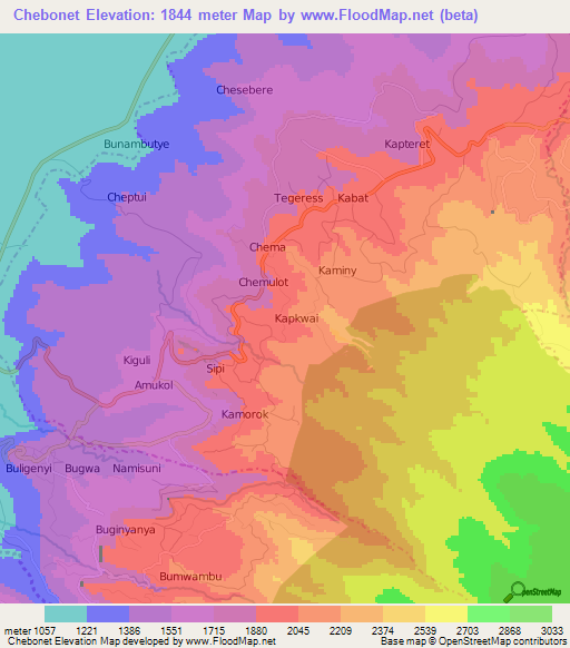 Chebonet,Uganda Elevation Map
