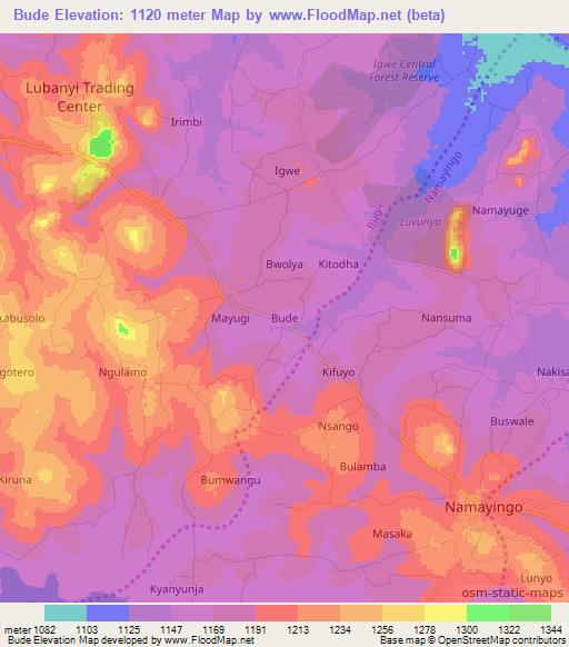 Bude,Uganda Elevation Map