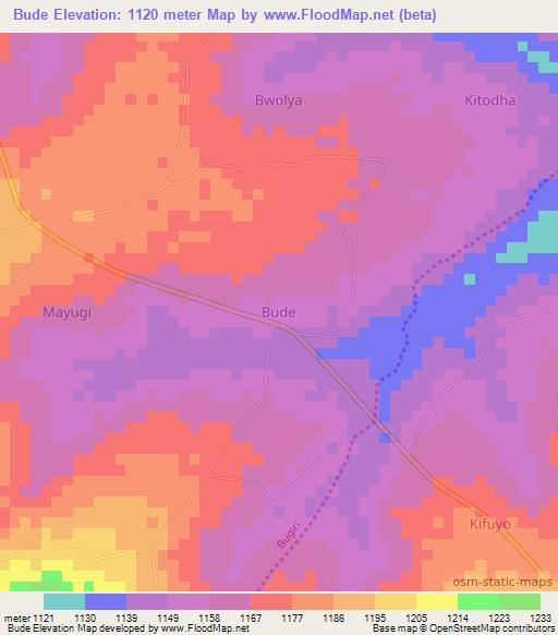 Bude,Uganda Elevation Map