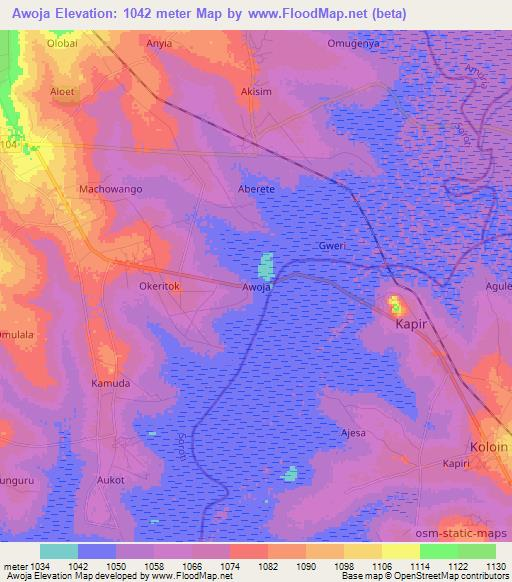 Awoja,Uganda Elevation Map