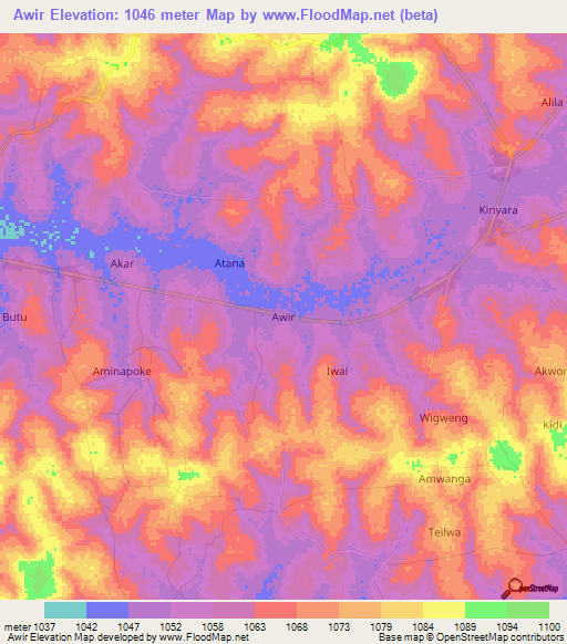Awir,Uganda Elevation Map