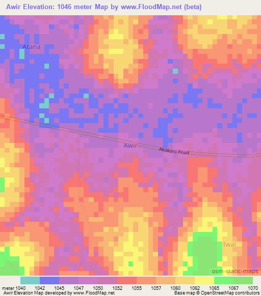 Awir,Uganda Elevation Map