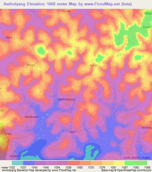 Awilodyang,Uganda Elevation Map