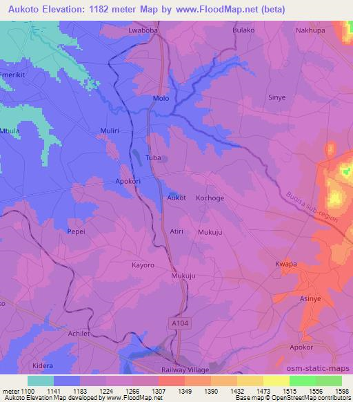 Aukoto,Uganda Elevation Map